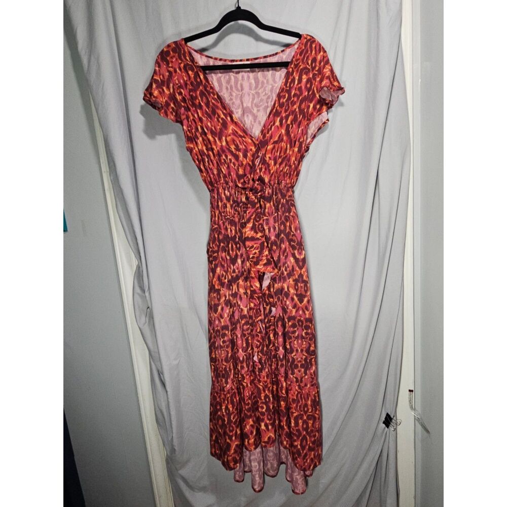 Tiare Hawaii Naturals Banana Viscose Dress OS Red Orange Tie Front High Low Maxi